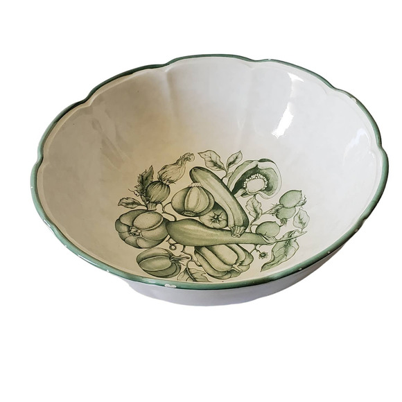 Garantito per Alimenti Vintage Pasta Serving Bowl Green White Hand Painted - Picture 1 of 16